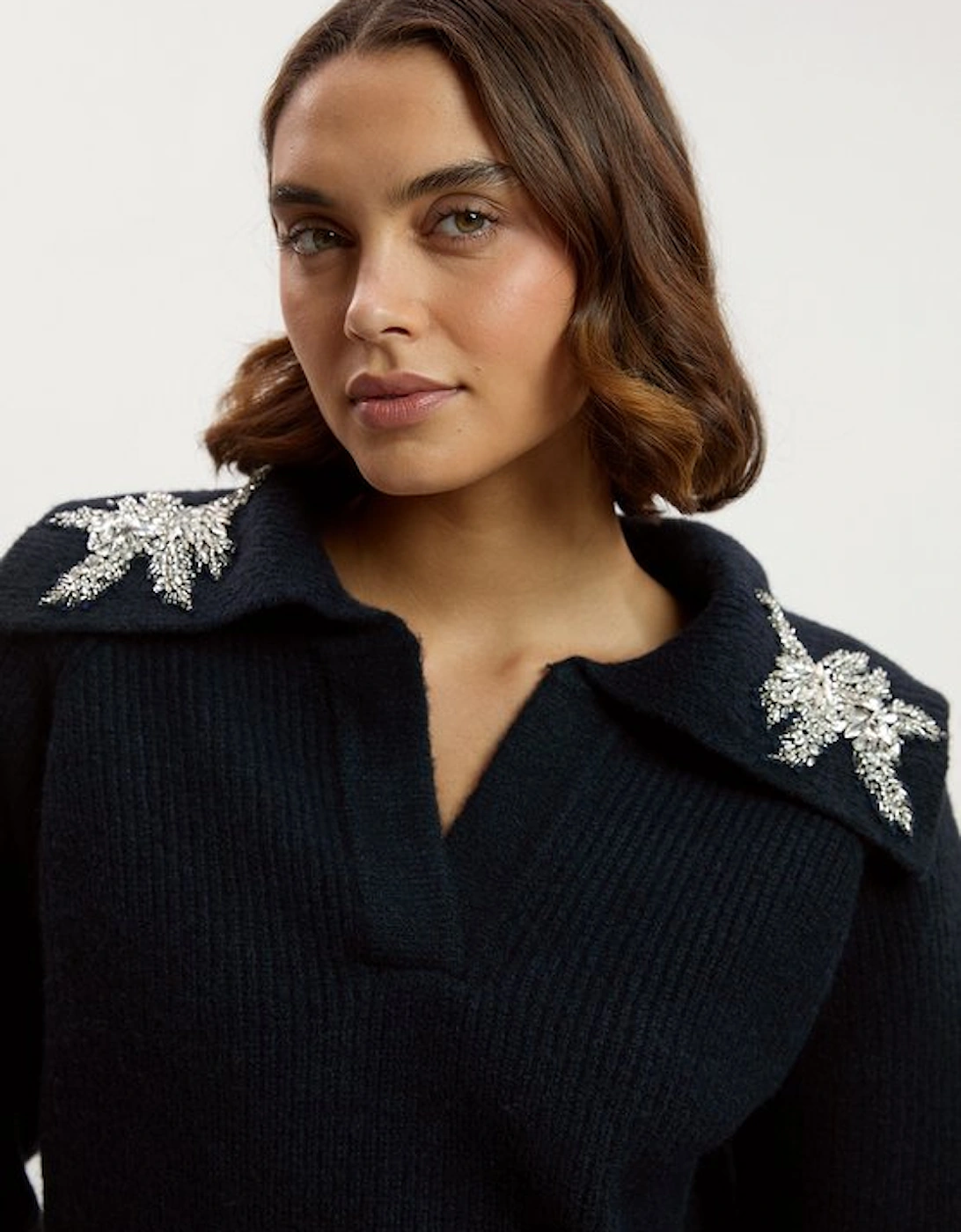 Embellished Cosy V Neck Collar Knit Jumper