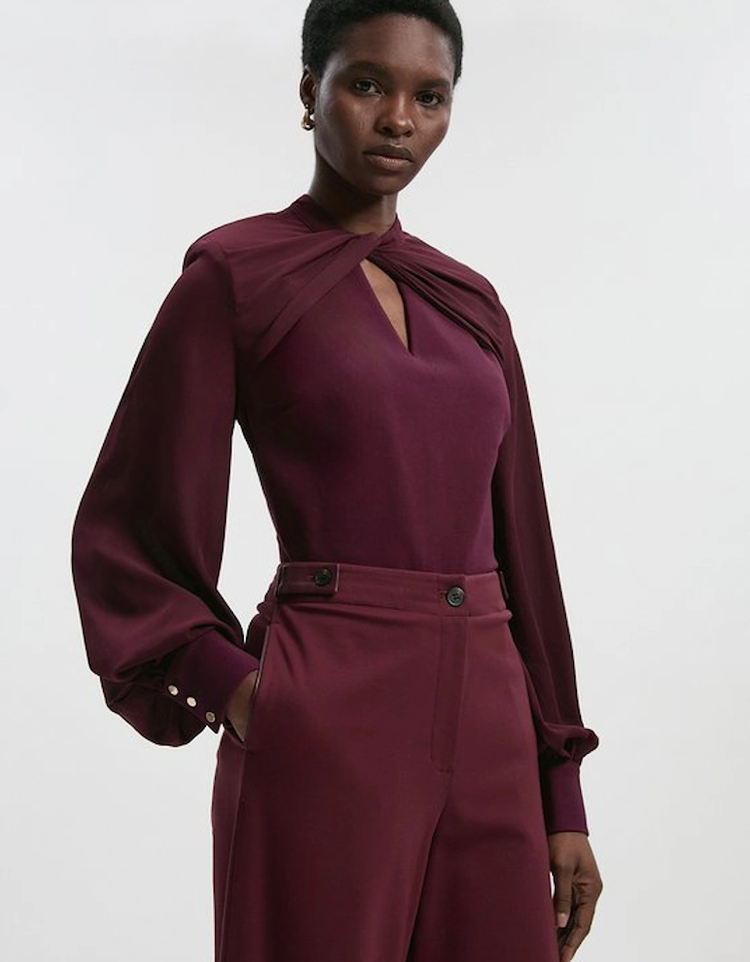 Ponte And Georgette Mix Balloon Sleeve Cut Out Detail Top, 4 of 3
