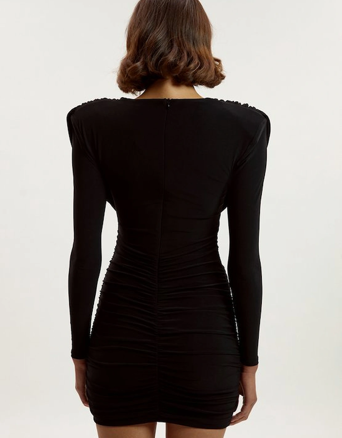 Tall Stretch Drapey Crepe Ruched Plunge Neck Long Sleeve Mini Dress