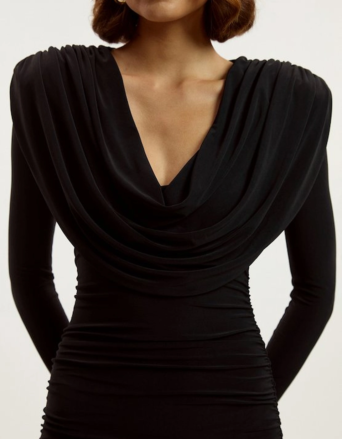 Tall Stretch Drapey Crepe Ruched Plunge Neck Long Sleeve Mini Dress