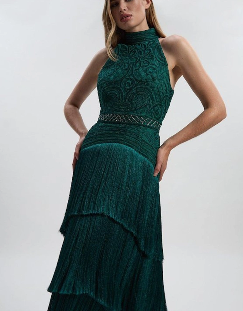 Fringed Beaded Halter Neck Woven Maxi Dress