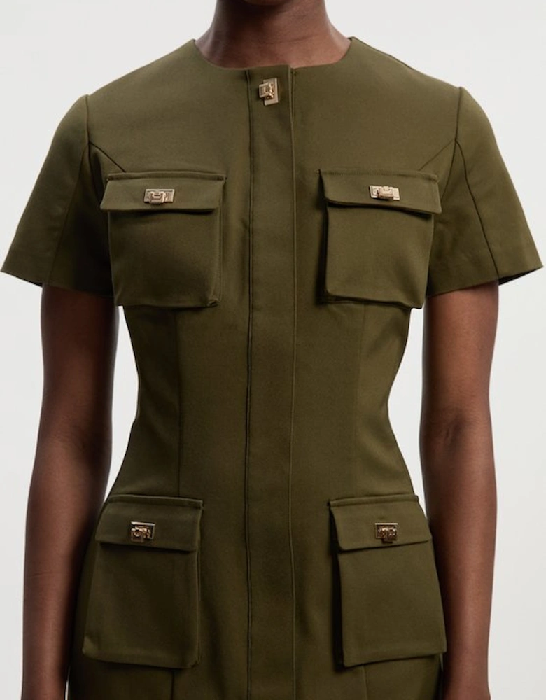 Techno Short Sleeve Hardware Detail Woven Midi Dress