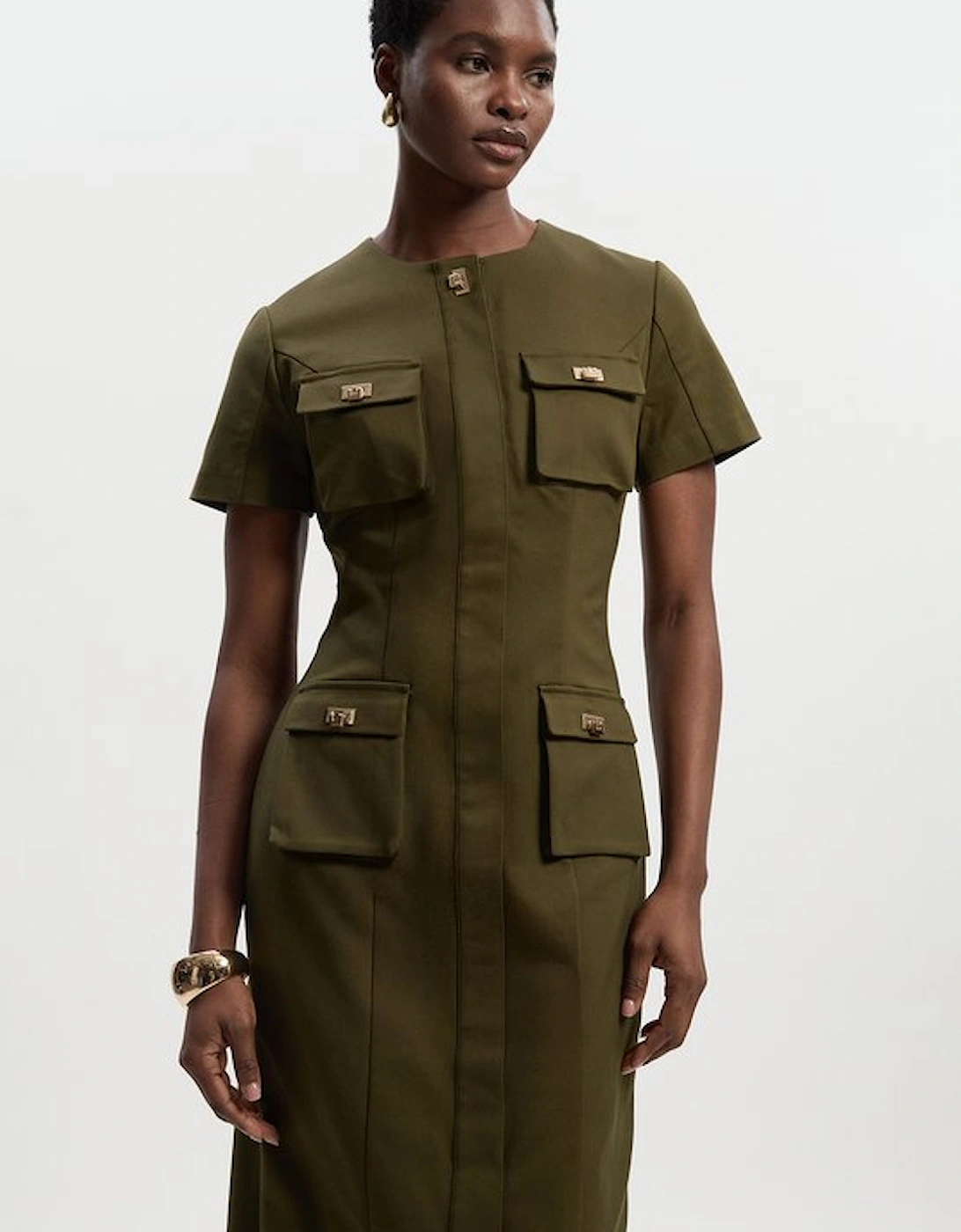 Techno Short Sleeve Hardware Detail Woven Midi Dress