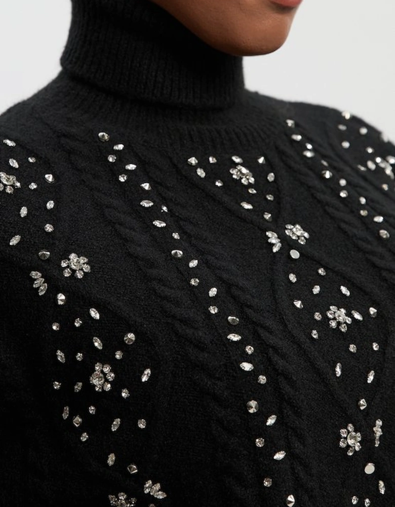 Plus Size Wool Blend Embellished Cable Knit Jumper