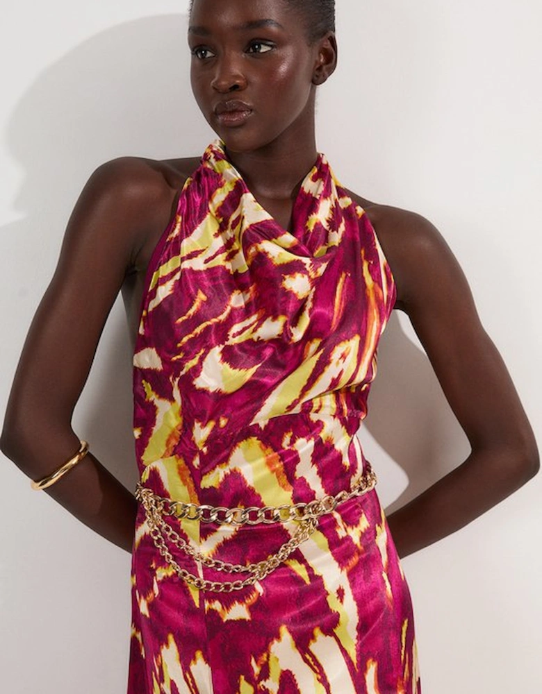 Viscose Satin Border Print Halter Neck Woven Maxi Dress