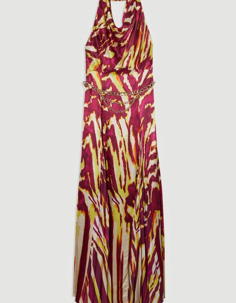 Viscose Satin Border Print Halter Neck Woven Maxi Dress