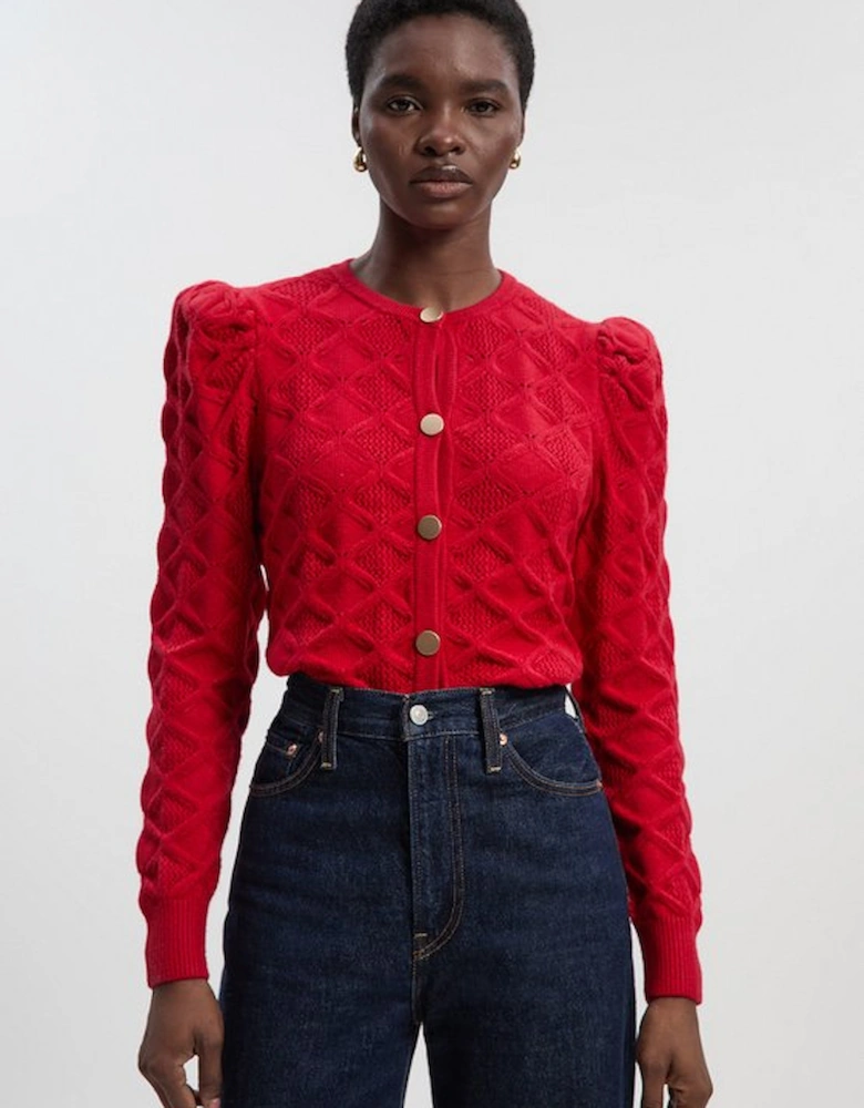 Cable Stitch Puff Sleeve Knit Cardigan