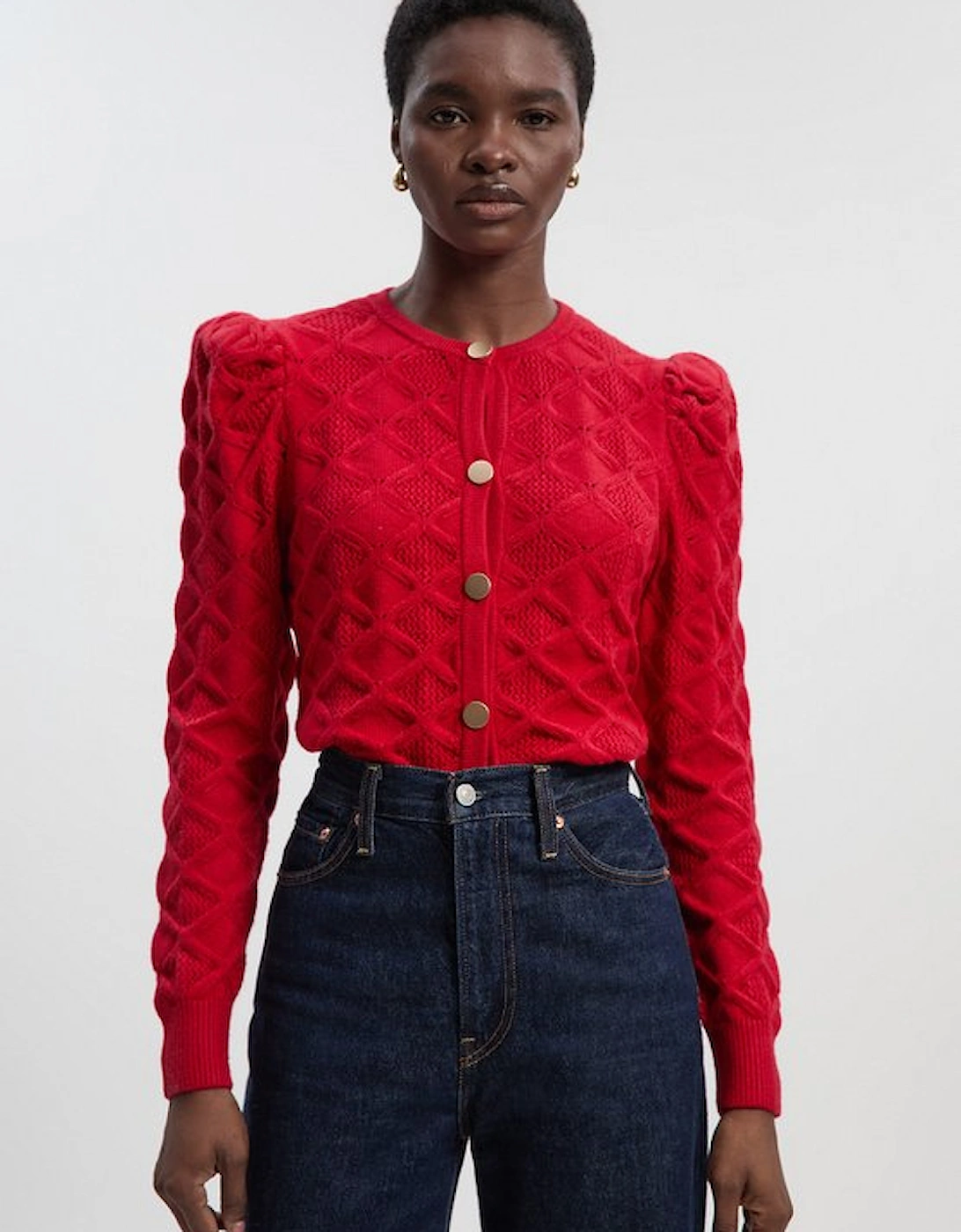 Cable Stitch Puff Sleeve Knit Cardigan