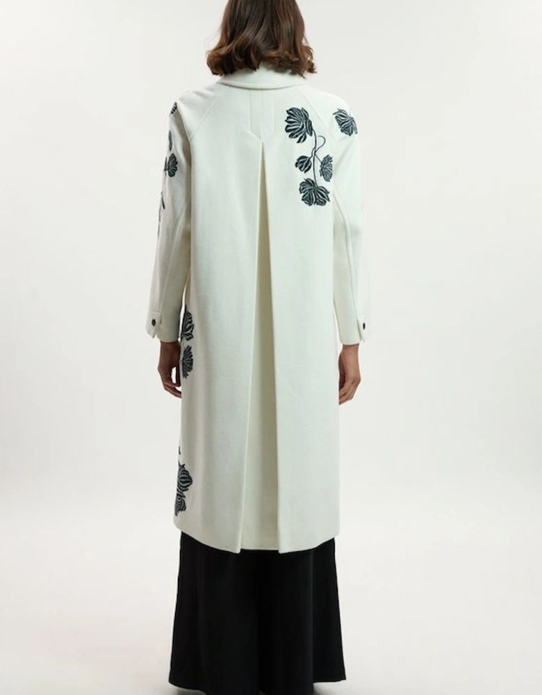 Brushed Wool Placed Embroidery Tailored Midi Coat
