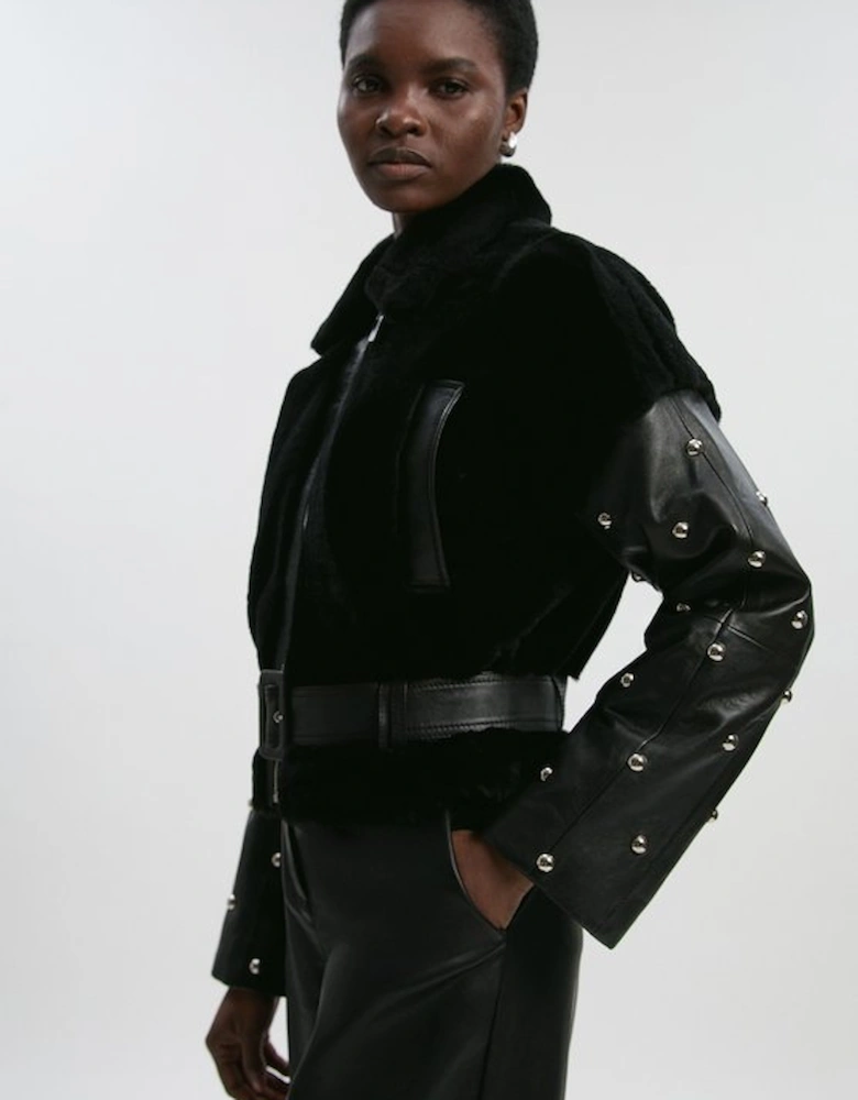 Shearling & Leather Mix Studded Biker Jacket