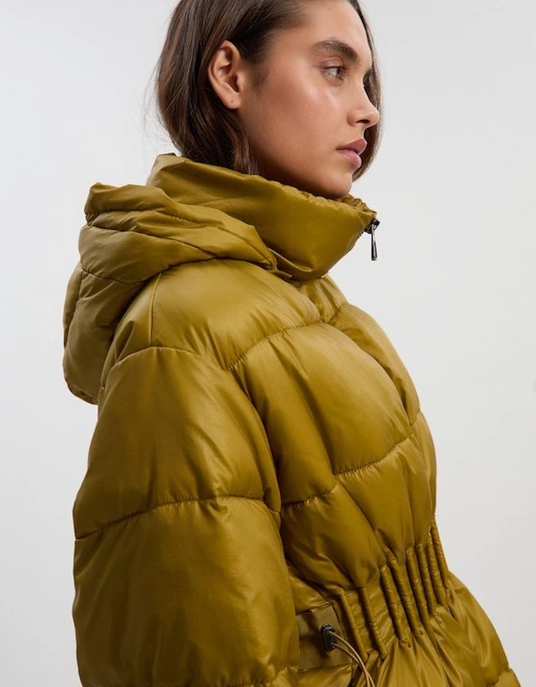 Quilted Drawstring Waist Hooded Rib Cuff Puffer Jacket