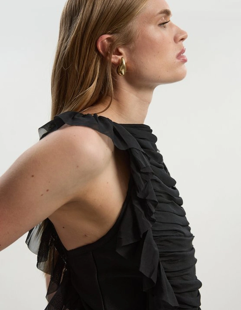 Bandage Mesh Gathered Ruffle Knit Top