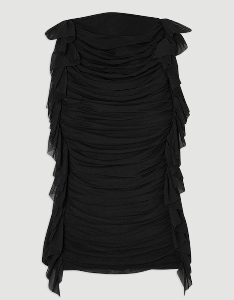 Bandage Mesh Gathered Ruffle Knit Top