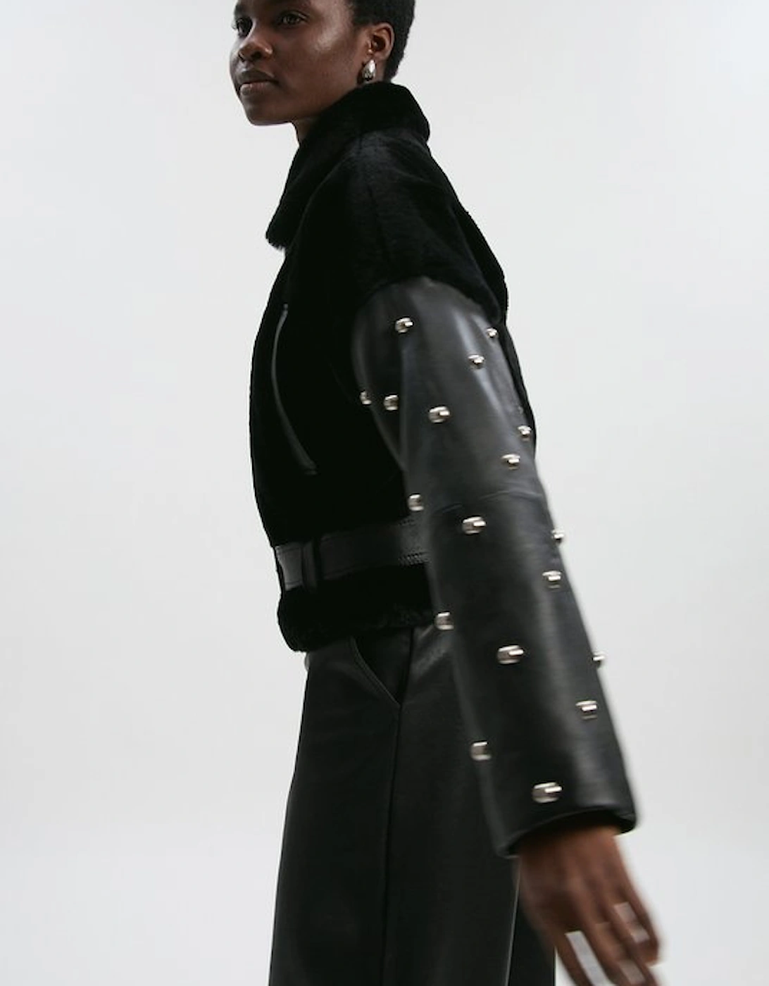 Shearling & Leather Mix Studded Biker Jacket