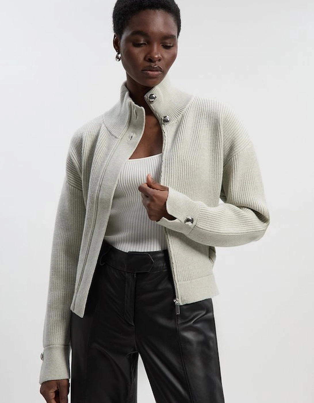 Cable Knit Belted Funnel Neck Jacket