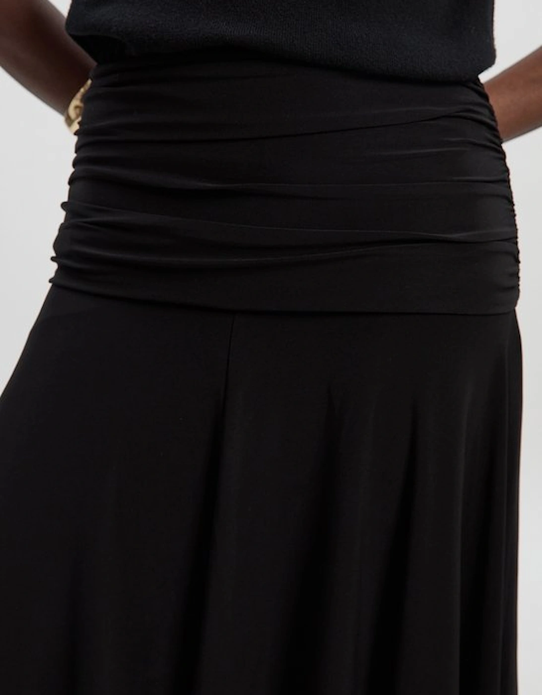 Stretch Drapey Crepe Ruched Hanky Hem Midi Skirt