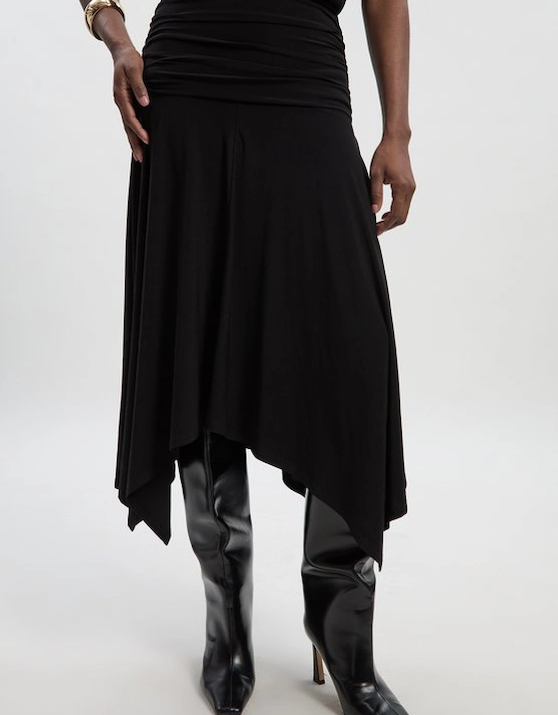 Stretch Drapey Crepe Ruched Hanky Hem Midi Skirt