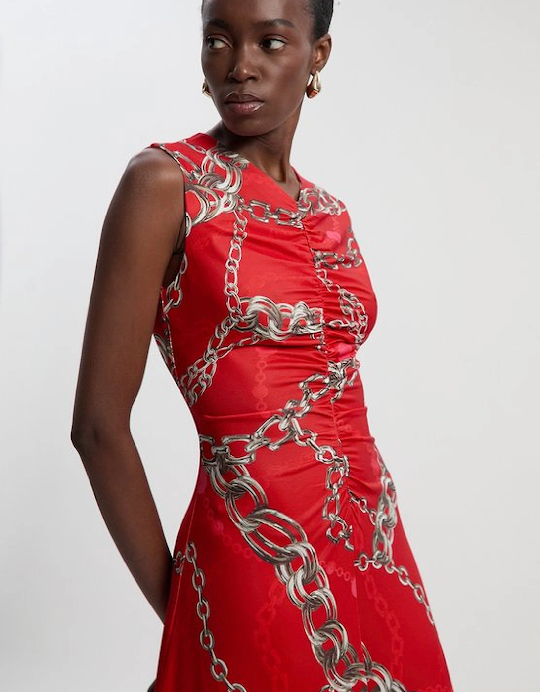 Chain Print Crepe Hanky Hem Midi Dress