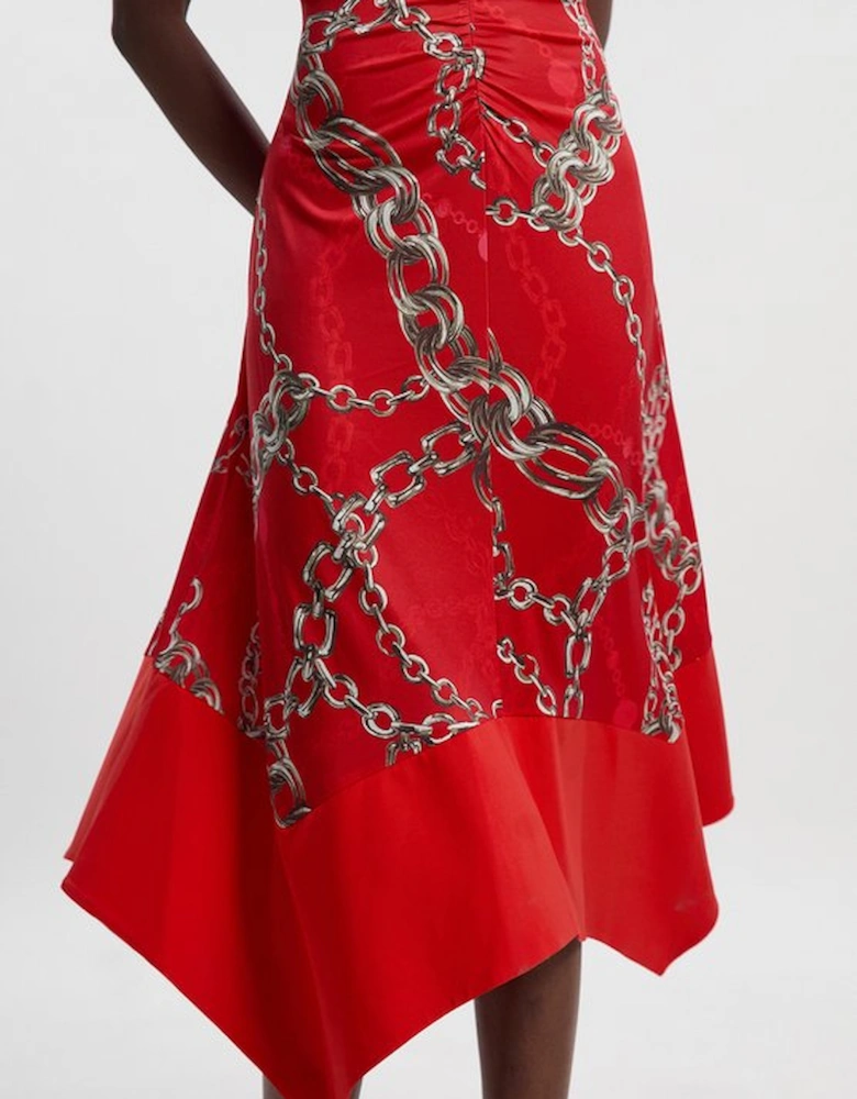 Chain Print Crepe Hanky Hem Midi Dress