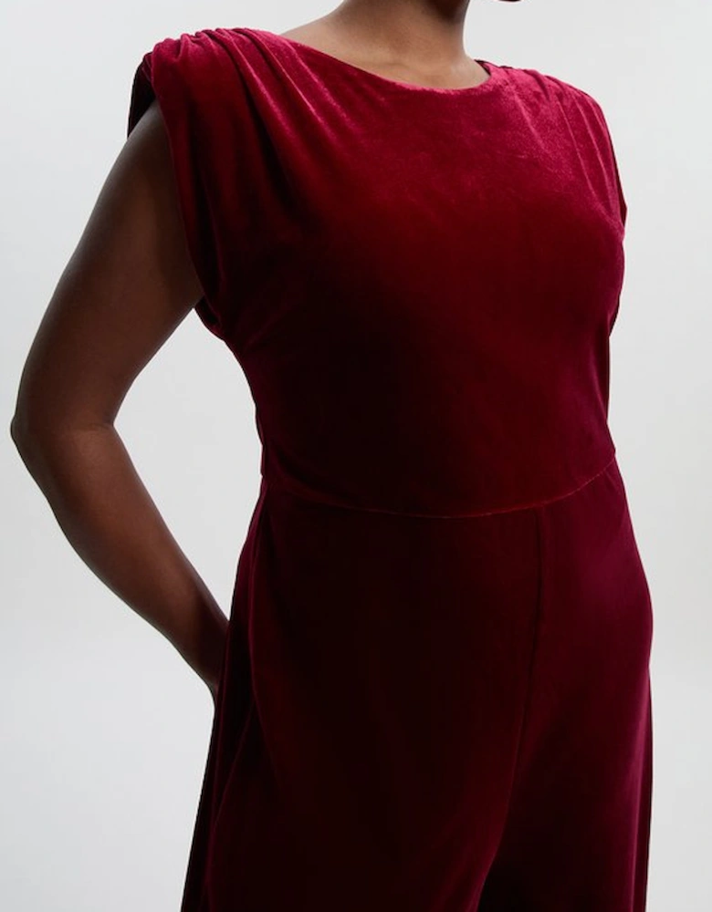 Plus Size Stretch Velvet Strong Shoulder Jumpsuit