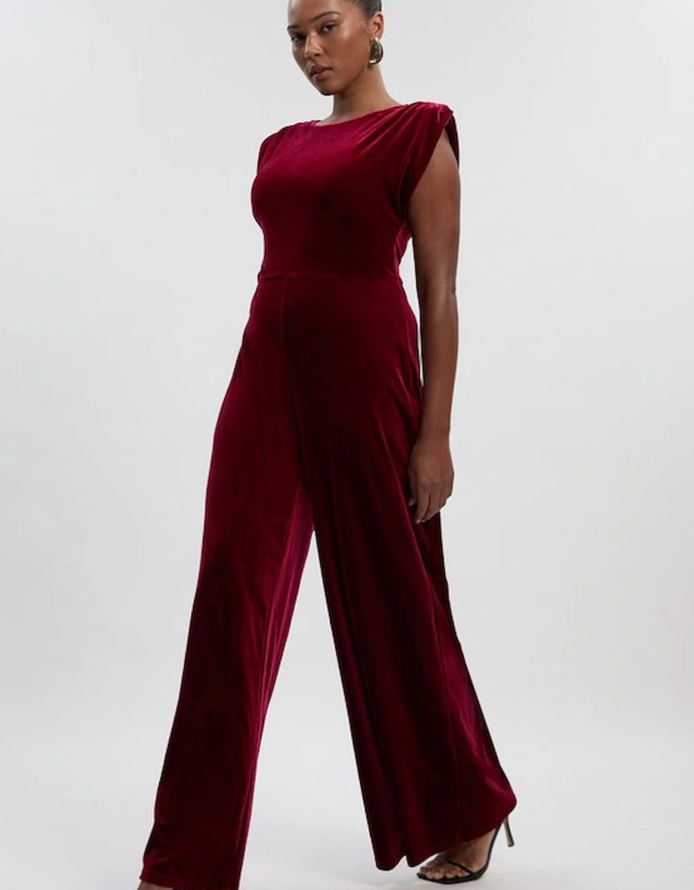 Plus Size Stretch Velvet Strong Shoulder Jumpsuit