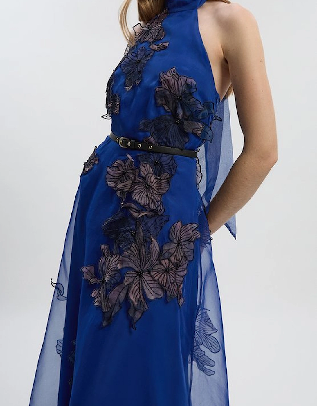 Floral Applique Organdie Woven Halter Neck Maxi Dress