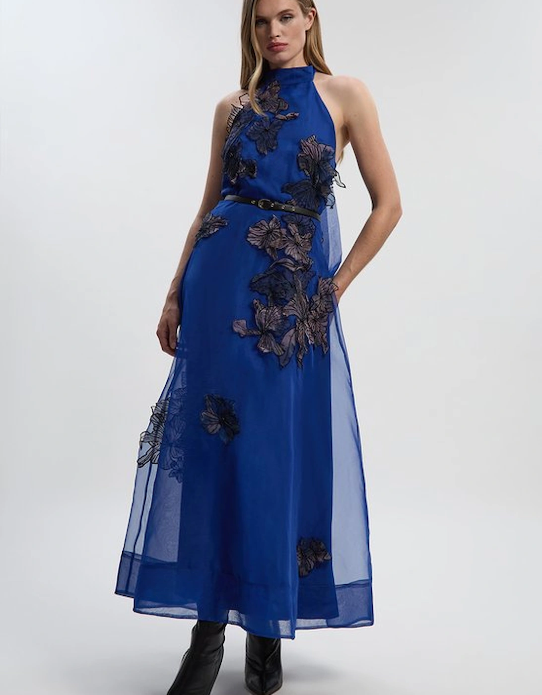Floral Applique Organdie Woven Halter Neck Maxi Dress, 4 of 3