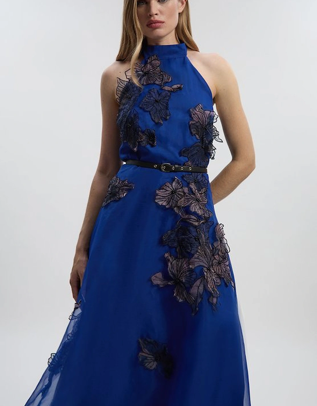 Floral Applique Organdie Woven Halter Neck Maxi Dress