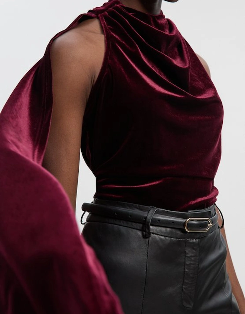 Stretch Velvet High Neck Cape Shoulder Bodysuit