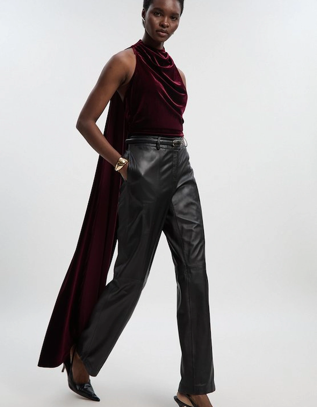 Stretch Velvet High Neck Cape Shoulder Bodysuit