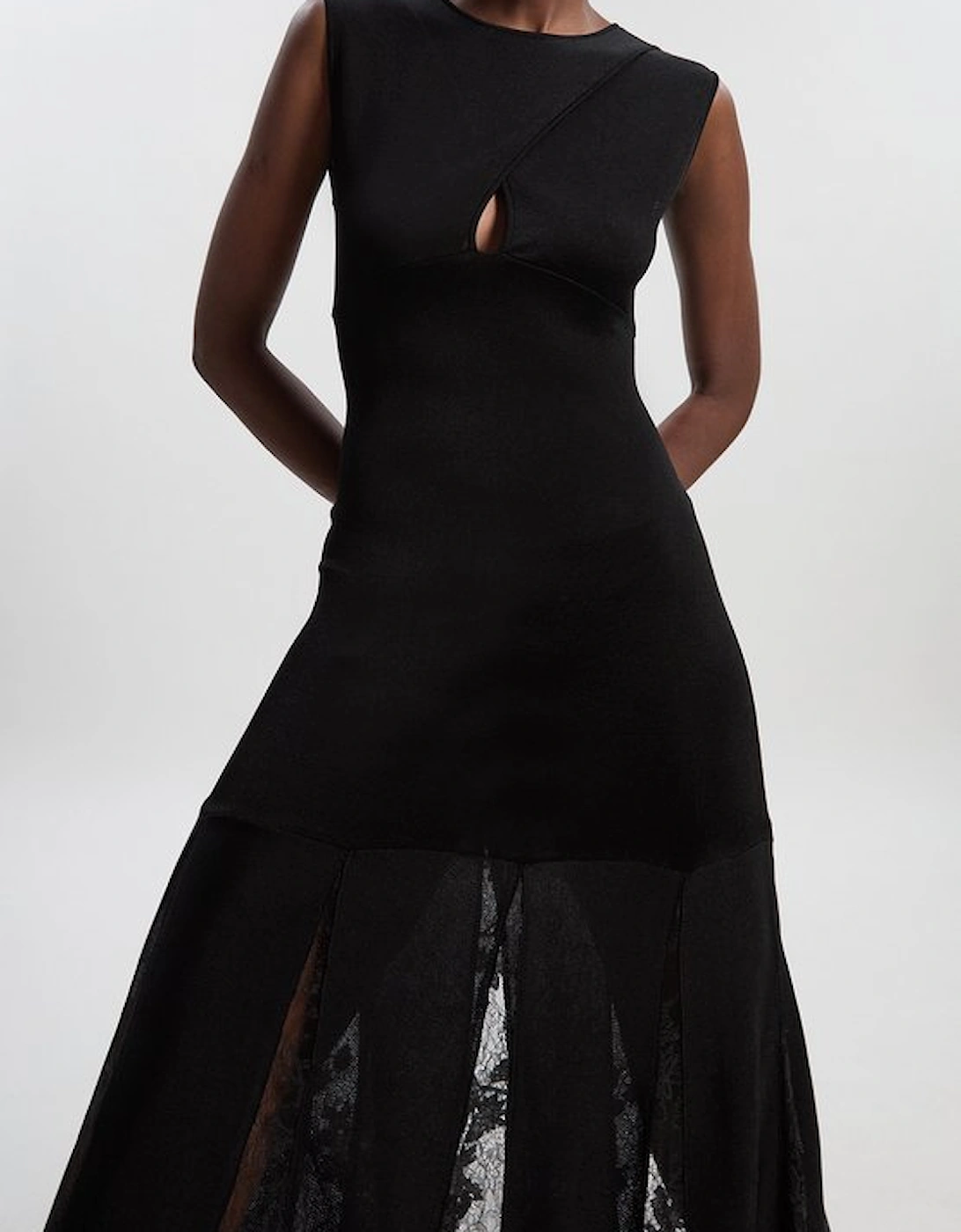 Viscose Blend Slinky Sheer Lace Detail Knit Maxi Dress