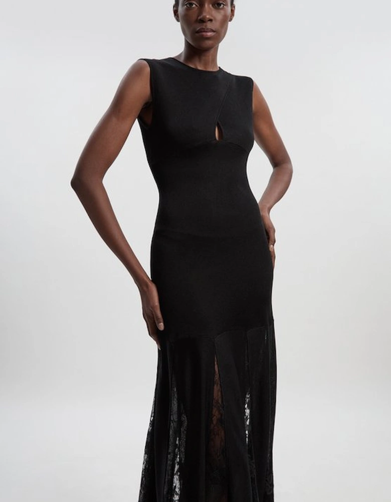 Viscose Blend Slinky Sheer Lace Detail Knit Maxi Dress