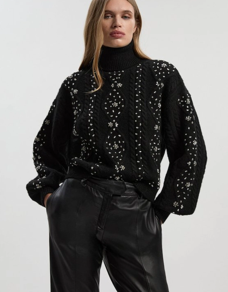 Wool Blend Embellished Cable Knit Jumper