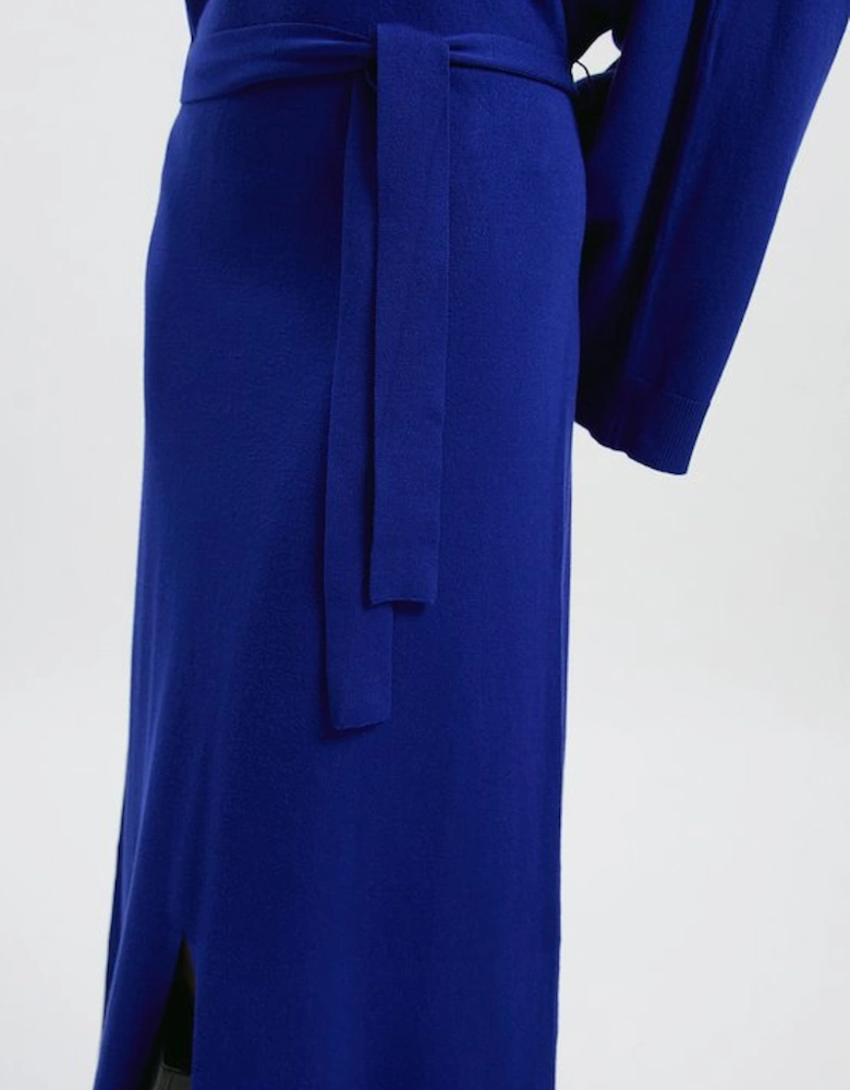 Viscose Blend Funnel Neck Belted Knitted Midi Dress