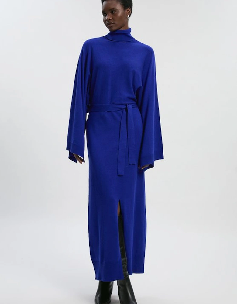 Viscose Blend Funnel Neck Belted Knitted Midi Dress