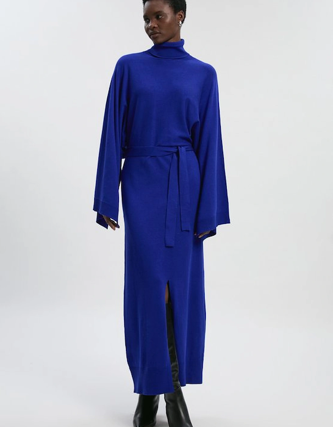 Viscose Blend Funnel Neck Belted Knitted Midi Dress