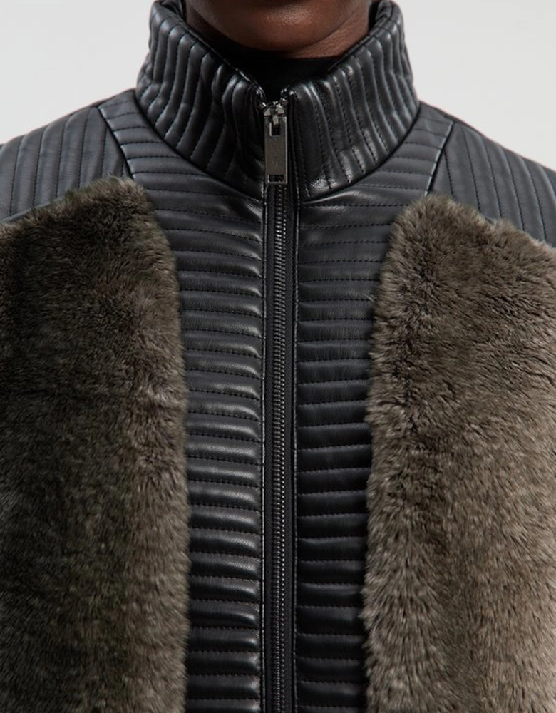 Faux Fur & Faux Leather Panelled Biker Short Coat