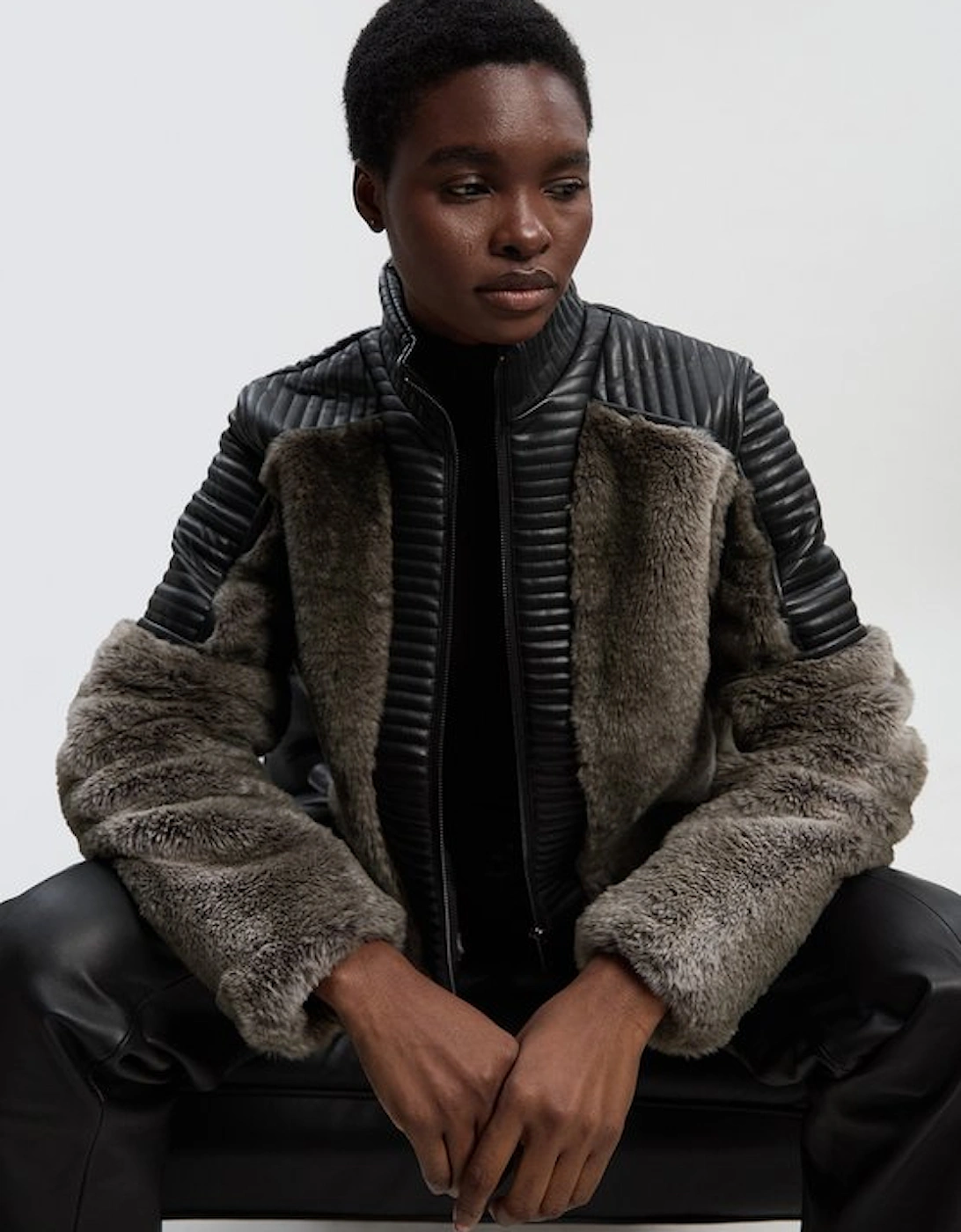 Faux Fur & Faux Leather Panelled Biker Short Coat