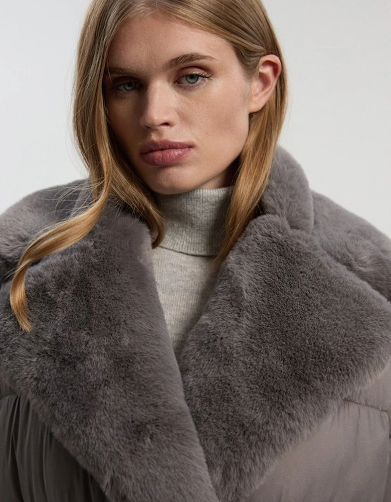 Faux Fur Lined Belted Longline Puffer Coat