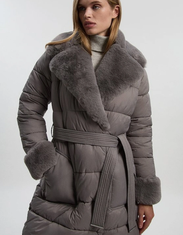 Faux Fur Lined Belted Longline Puffer Coat