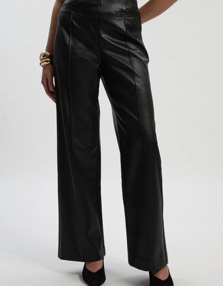 Faux Leather Seam Detail Wide Leg Tailored Trouser