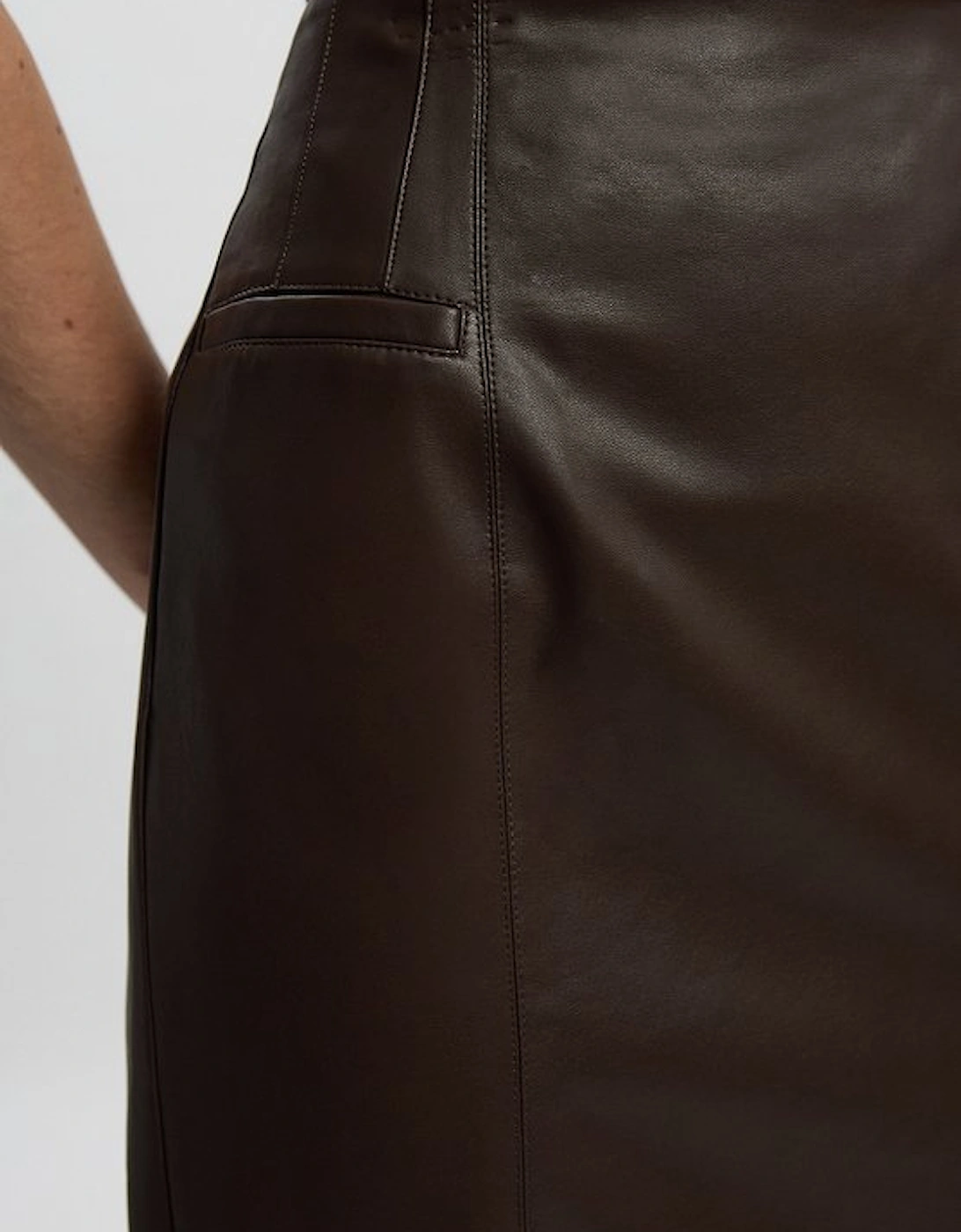 Faux Leather Seam Waist Detail Pencil Midi Skirt