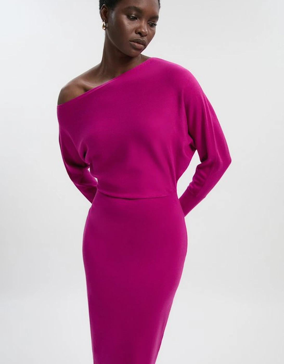Viscose Blend Knit Asymmetric Neck Midi Dress