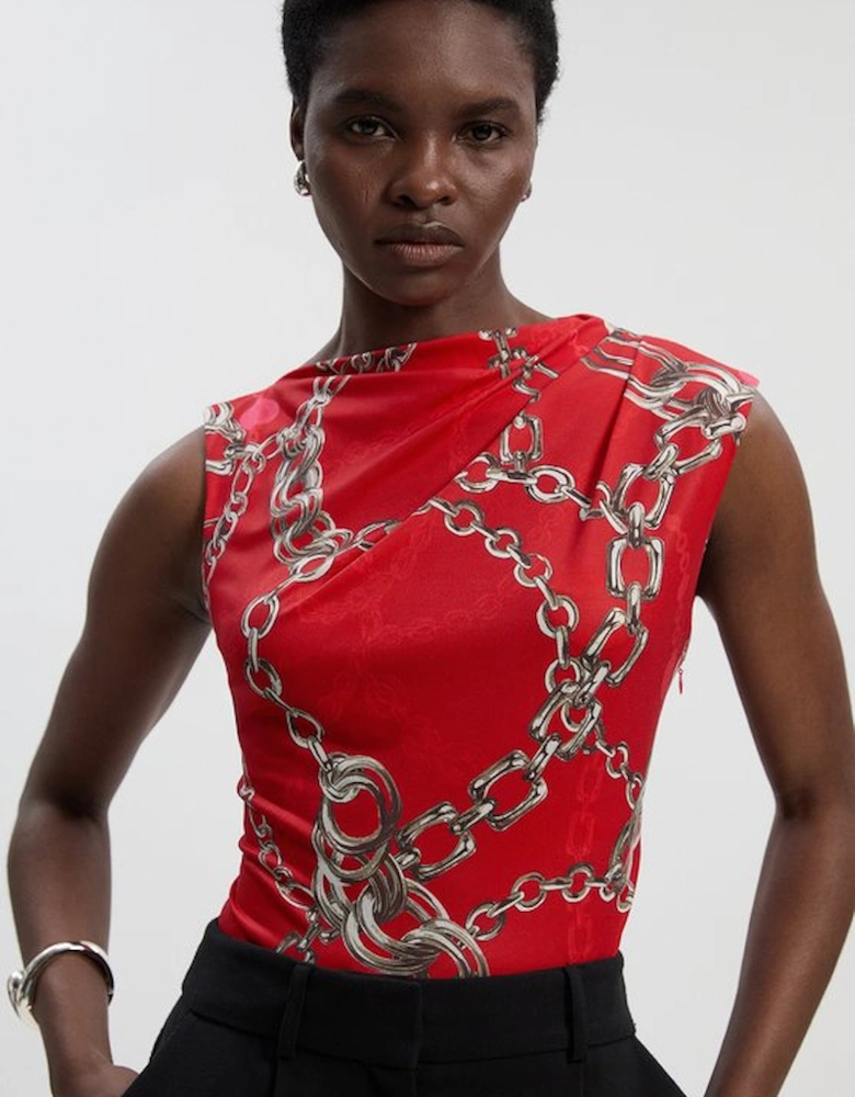 Chain Print Crepe Asymmetric Neck Sleeveless Top