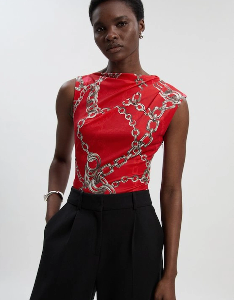 Chain Print Crepe Asymmetric Neck Sleeveless Top