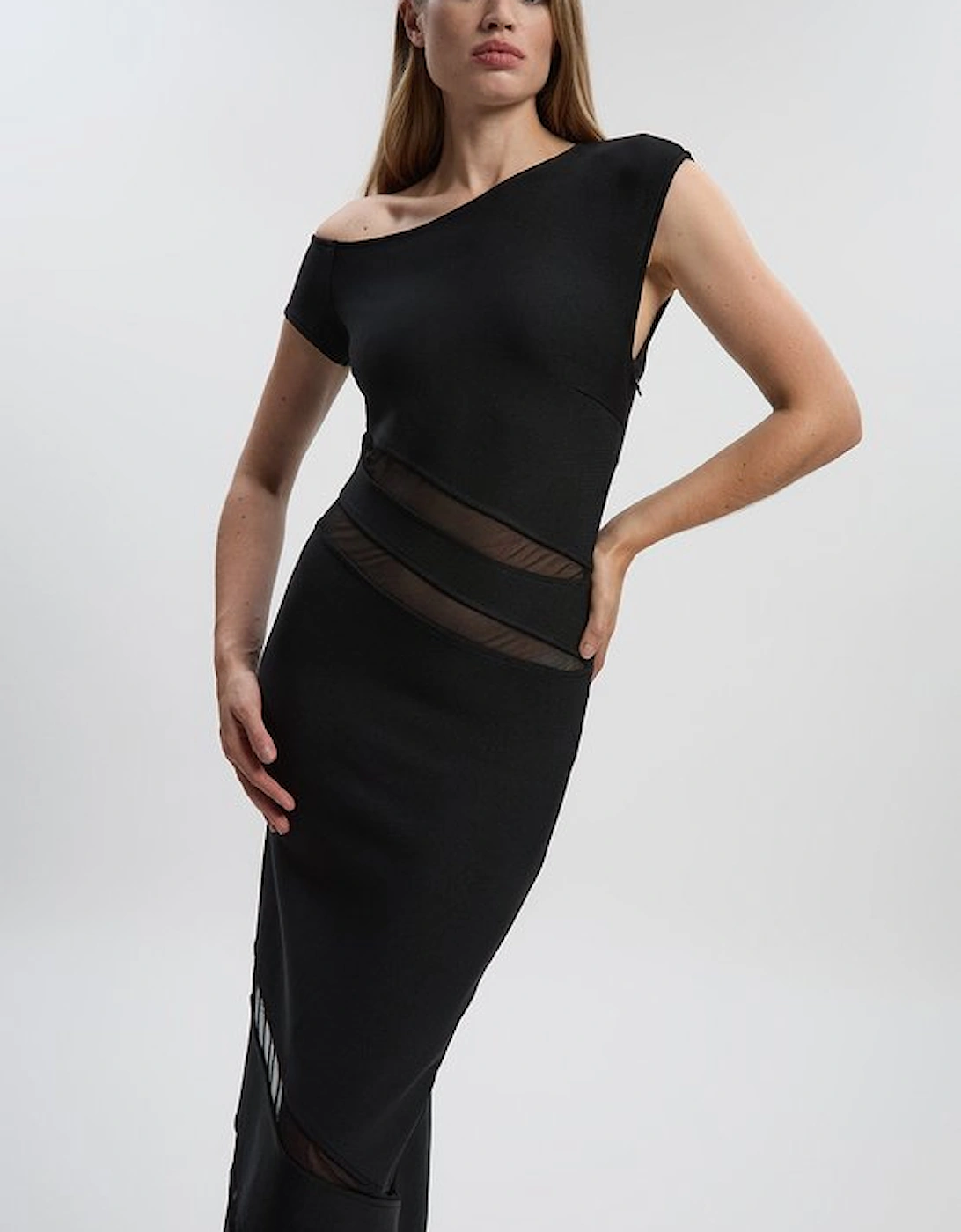 Asymmetric Neck Figure Form Mesh Panel Maxi Dress