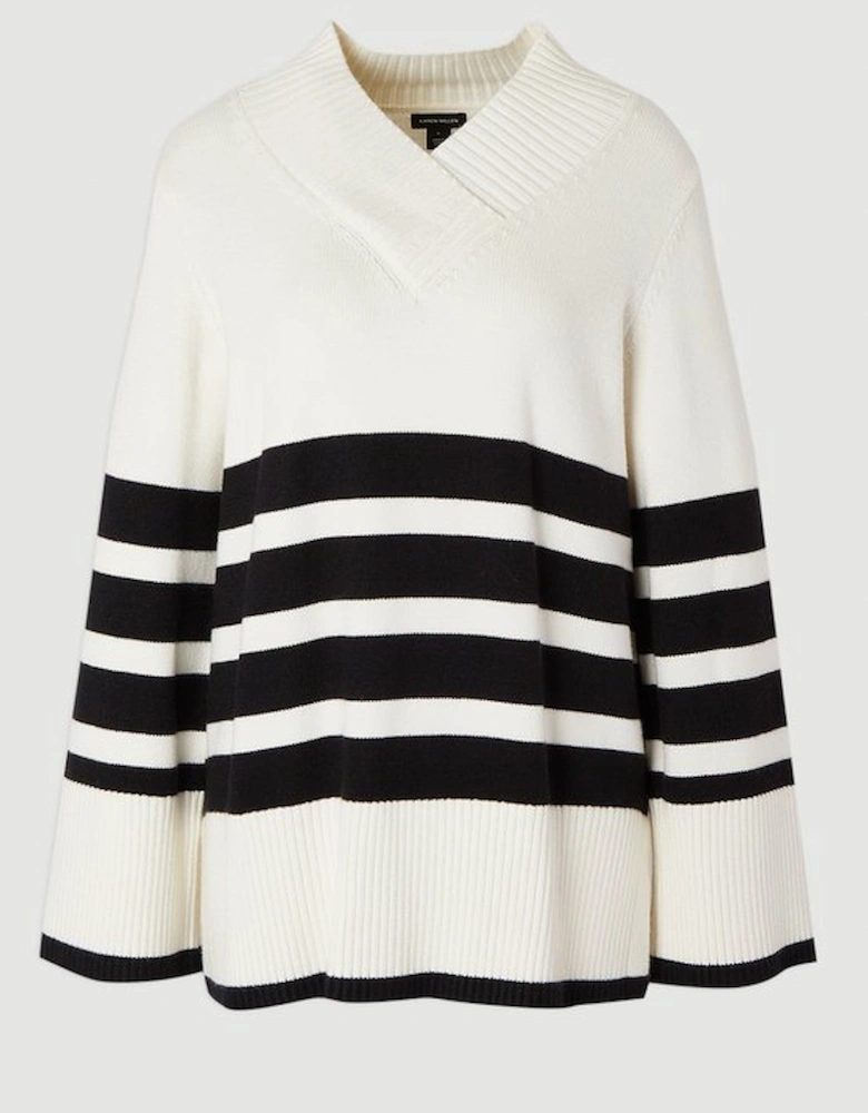 Stripe V Neck Split Hem Knitted Jumper