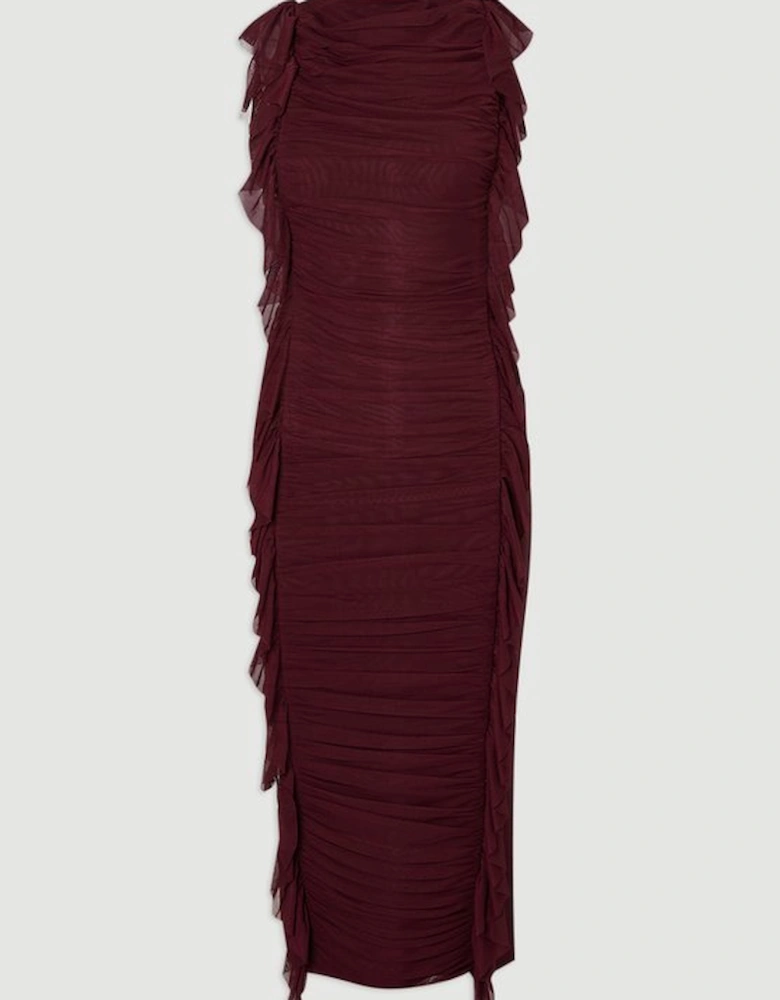Bandage Mesh Gathered Ruffle Knitted Maxi Dress