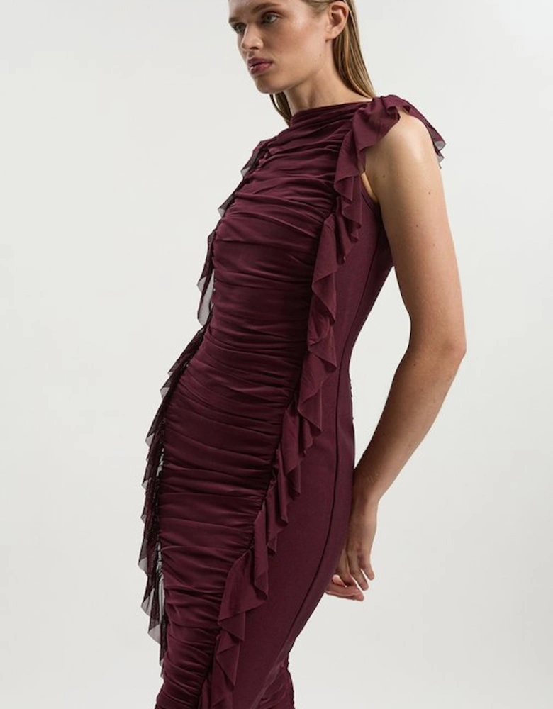 Bandage Mesh Gathered Ruffle Knitted Maxi Dress