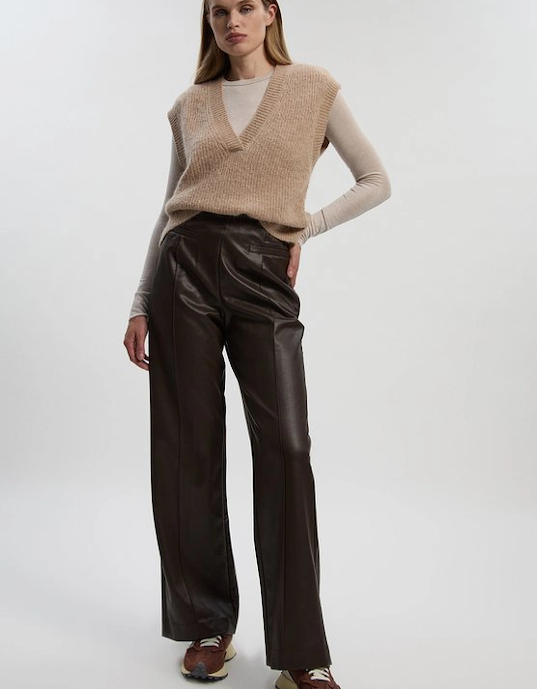 Faux Leather Seam Detail Wide Leg Tailored Trouser, 2 of 1